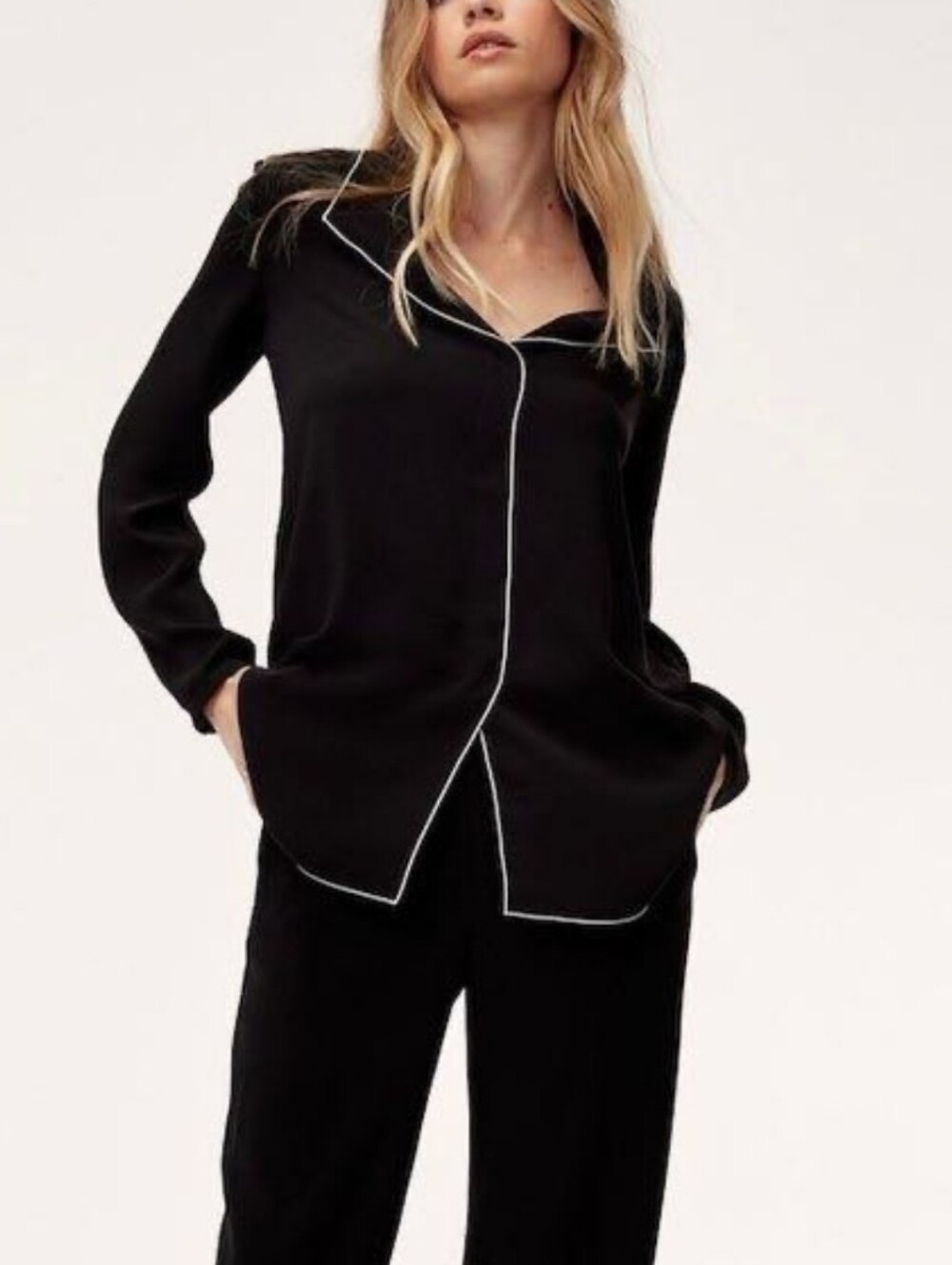 ARITZIA BABATON I M RENA SATIN BUTTON DOWN BLOUSE I black & white